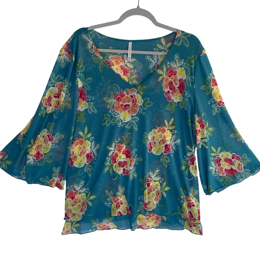 Passport Teal Floral V-Neck Bell Sleeve Blouse
